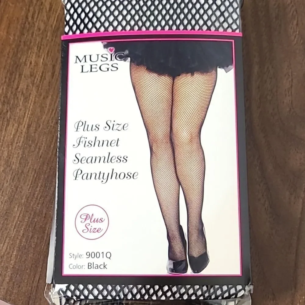 Music Legs- Plus Size Black Fishnet Seamless Pantyhose, NWOT